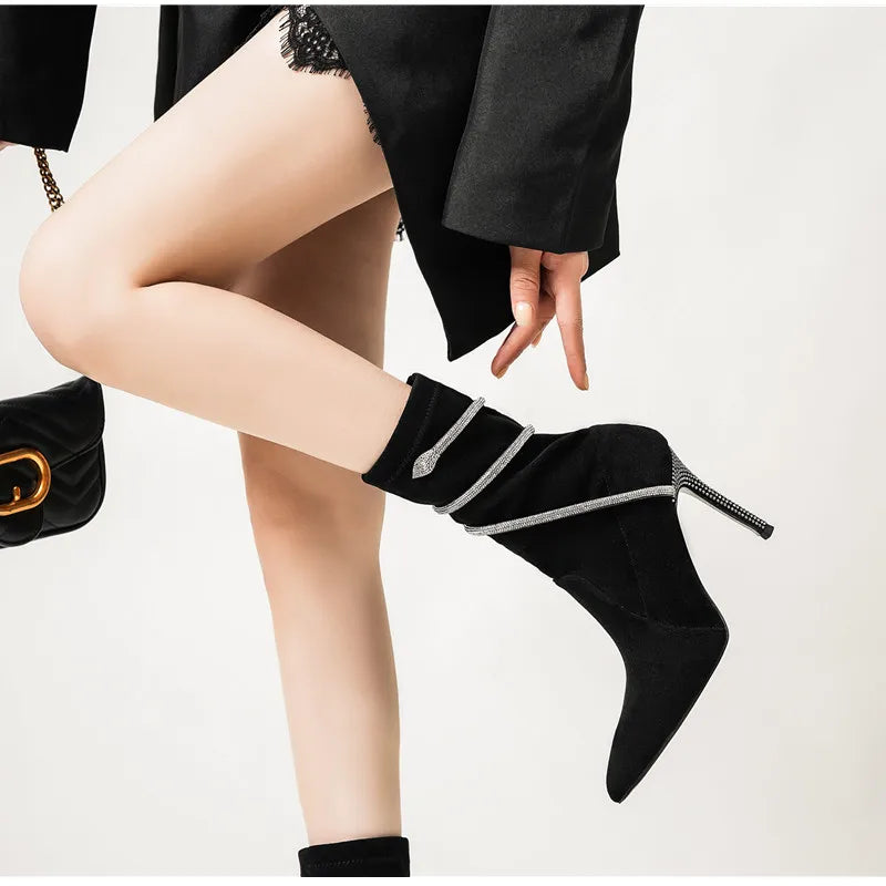 Autumn Winter Fashion Faux Suede Snake Coiled Women Boots Luxury Crystal Stiletto High heels Ankle Boots Shoes Botas Mujer