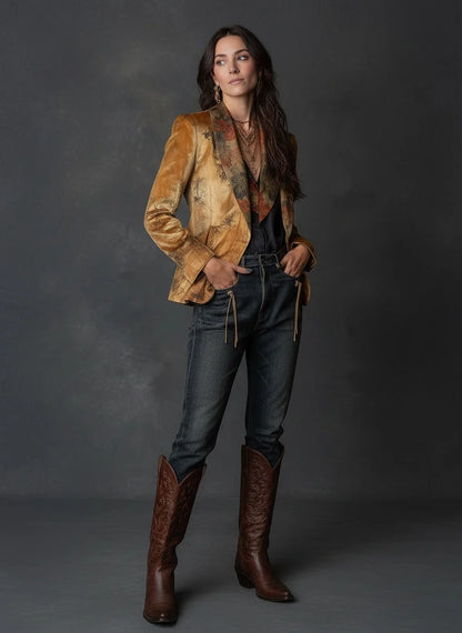 Retro Blazer Floral Print Jacket for Women Vintage Notched Collar Single Button Elegant Office Casual Autumn Outerwear Coat