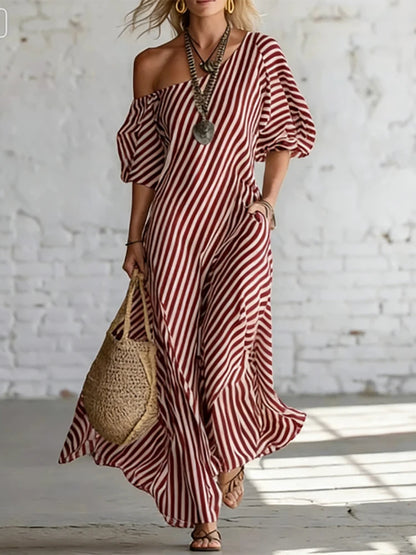 Comfortable daily single shoulder bubble sleeve dress with classic striped print 2026 summer new casual loose long dress