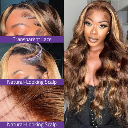 Highlight 13x4 Body Wave Lace Frontal Wigs Human Hair Brazilian 13x6 HD Lace Frontal Ombre Honey Blonde Colored Wig For Women - Kimlud