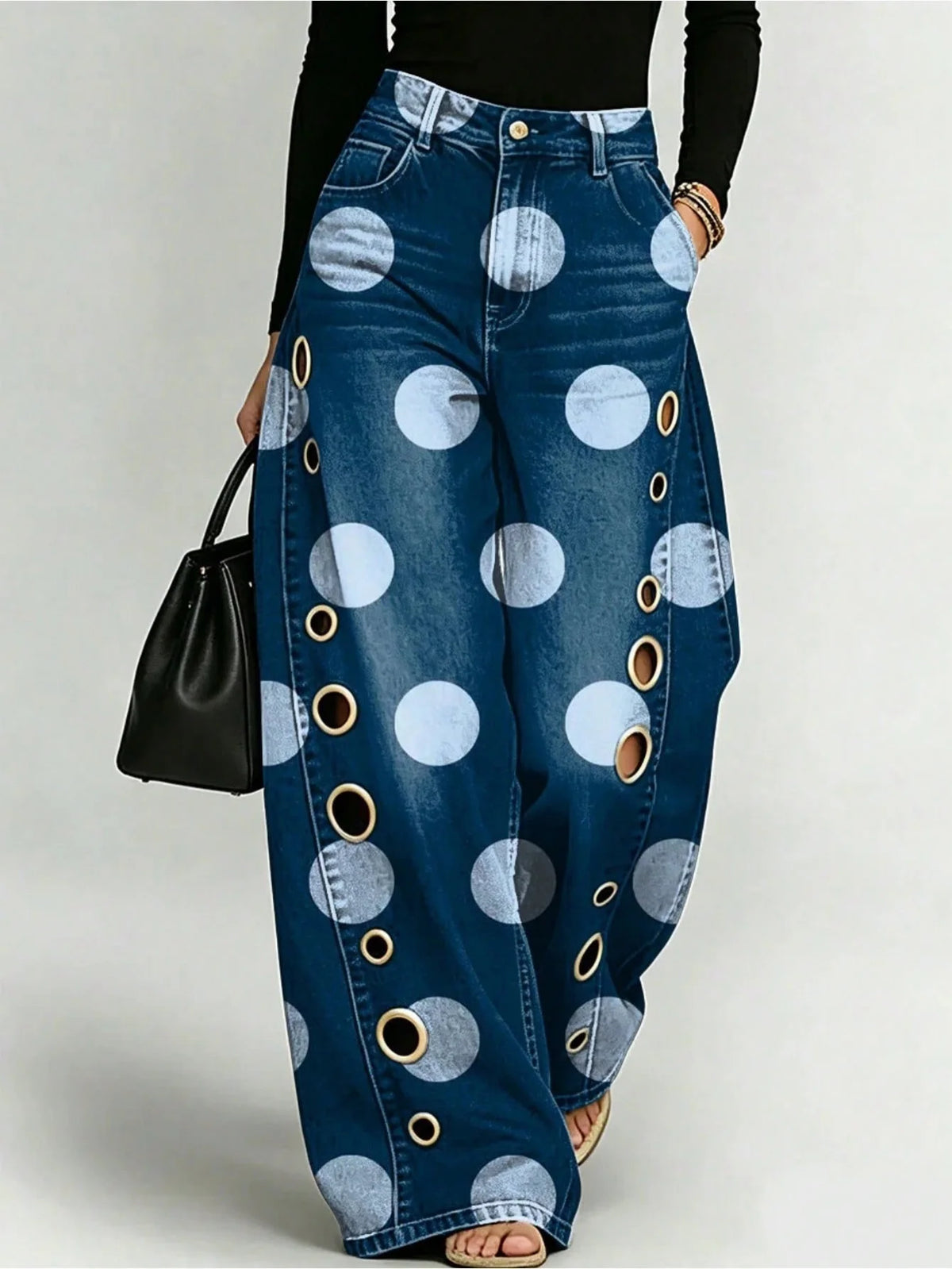 Y2K Streetwear Women Wide‑Leg Denim Pants Asymmetric Two‑Tone Splicing Polka Dot Print Eyelet Hole Detail Loose Baggy Jeans