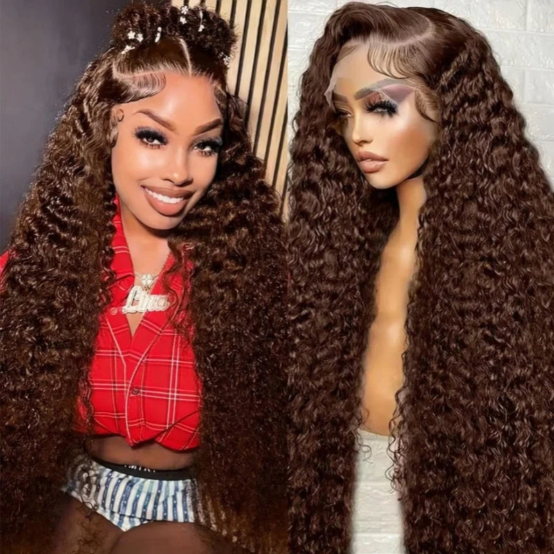 30‑40 Inch Chocolate Brown Deep Wave 13x6 Lace Frontal Wigs Premium Human Hair Preplucked 200% Density Colored Curly Wig...