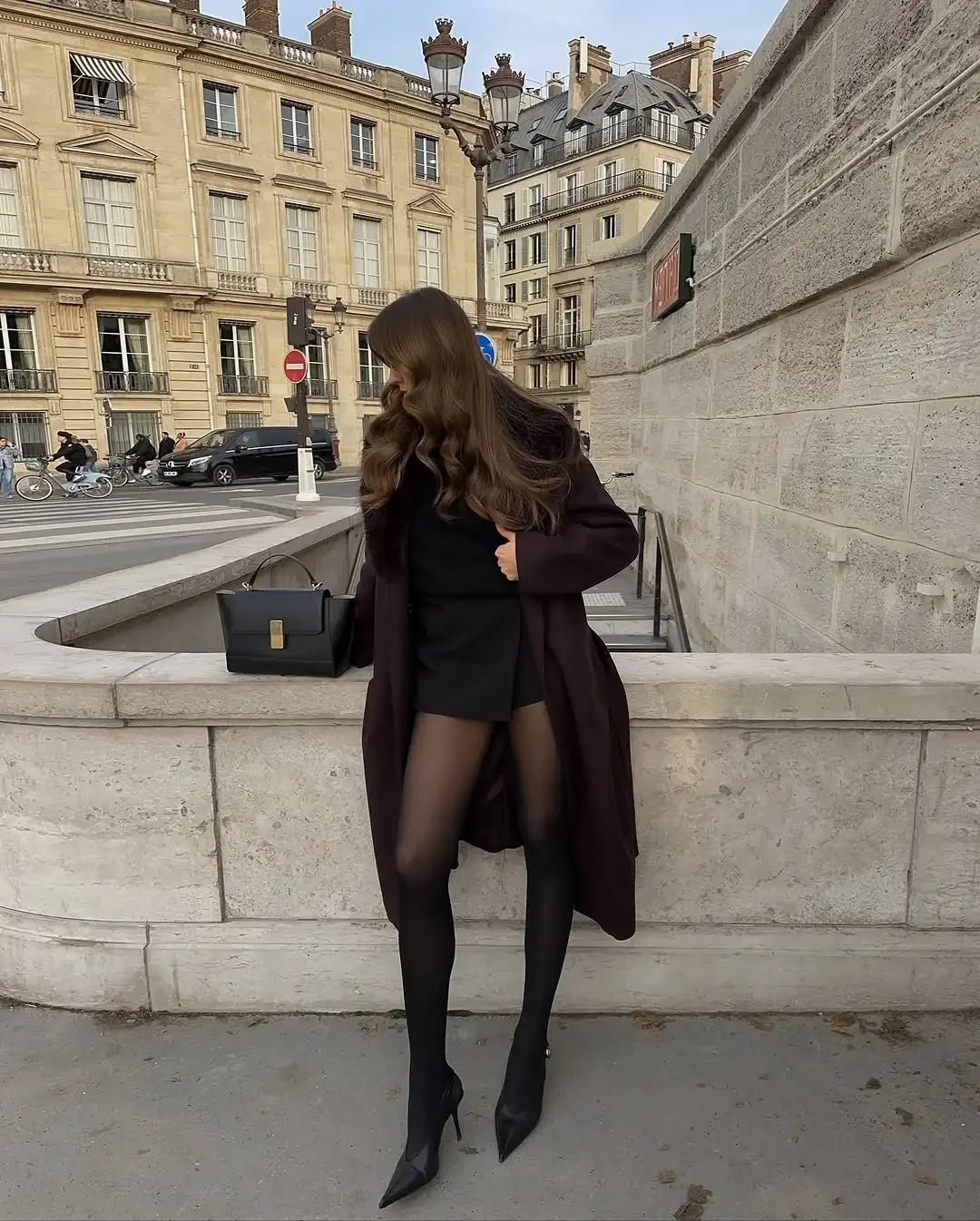 Elegant Fur Collar Woolen Blend Overcoat Women V-neck Full Sleeve Lace Up Loose Long Coat Lady Daily Commute Street Outerwear