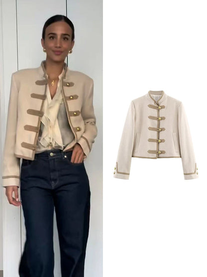 TFMLN Vintage Button Jacket For Women Stand Collar Autumn New Slim Casual Shoulder Pad  Outerwear Ladies Short Coat 2025