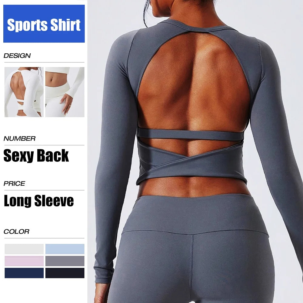 Cloud Hide SEXY Back Grey Yoga Shirts for Women Long Sleeve Pilates Blouse Sports Gym Fitness Top Running T-Shirt Workout Shirt - Kimlud