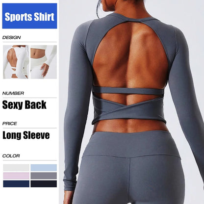 Cloud Hide SEXY Back Grey Yoga Shirts for Women Long Sleeve Pilates Blouse Sports Gym Fitness Top Running T-Shirt Workout Shirt - Kimlud