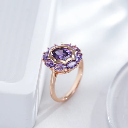 Kinel  Unusual Sparkling Oval Purple Natural Zircon Rings for Women Luxury 585 Rose Gold Color Party Daily Fine Jewelry 2023 New