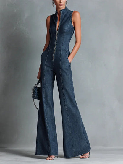 Streetwear Women's Denim Sleeveless Flare Jumpsuit, High Neck Front Zip Wide Leg Overalls Casual Cargo Denim Jumpsuit