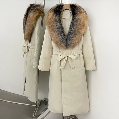 OFTBUY Long Puffer coat Real Fox Fur White Duck Down Coat New Winter Women Collar Fluffy  Jacket Female Thick Warm Reality Fur