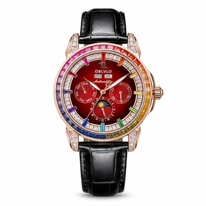 OBLVLO Men's Classic Watch with Colorful Diamonds Bezel Red Dial Mechanical Automatic Moonphase Multifunction Leather Strap GCM-MUT