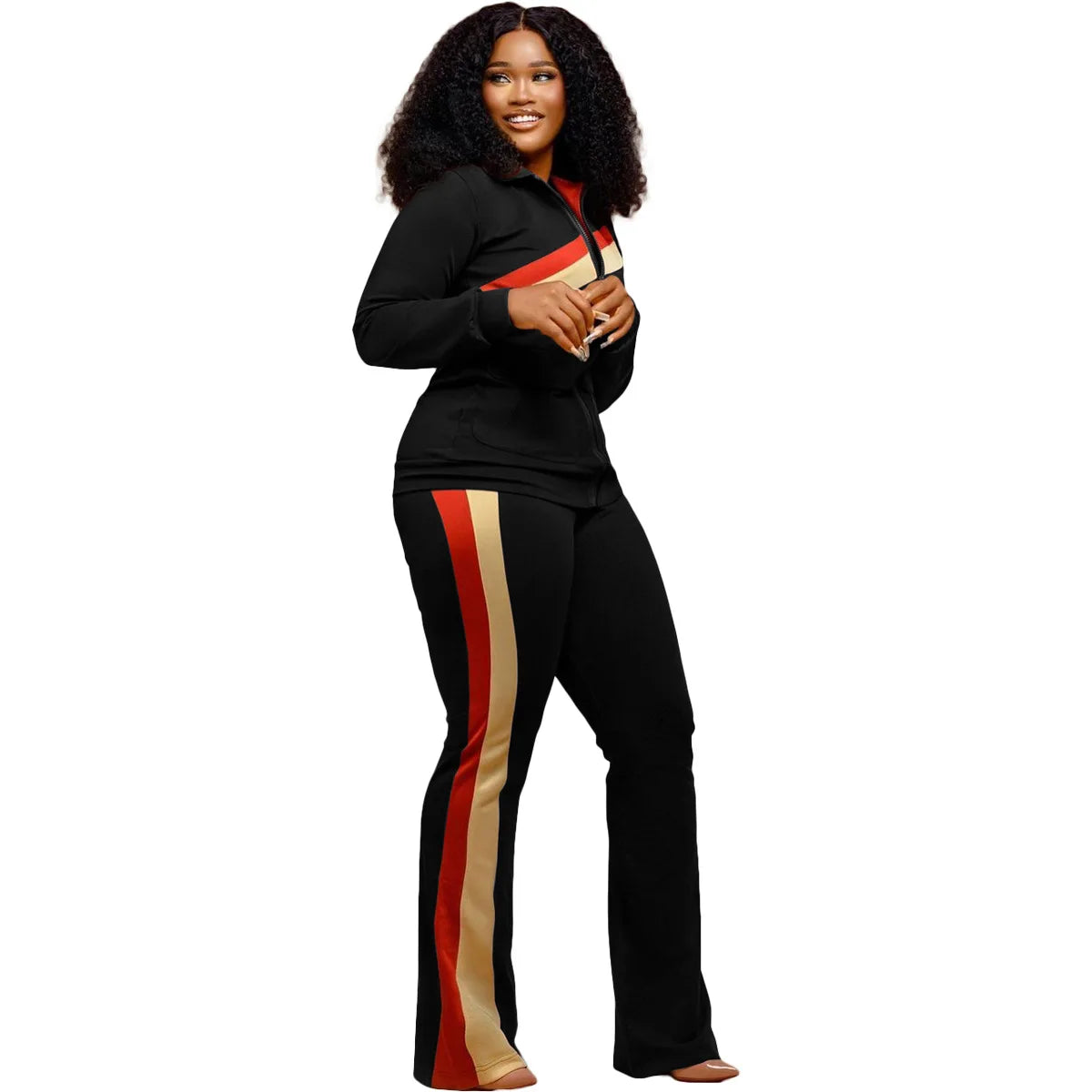 Custom LOGO Spring  Women's Sports Casual Fashion Color-matching Pocket Lapel Zipper Top Straight Pants Two-piece Set S-4XL