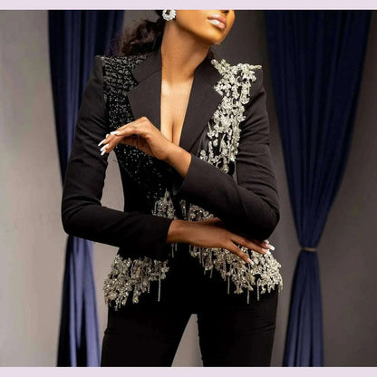 Luxury Crystal Tassel Women Blazer Suits 2 Pieces Customized Wedding Guest Mother Of The Bride Suits Evening Party Outfit