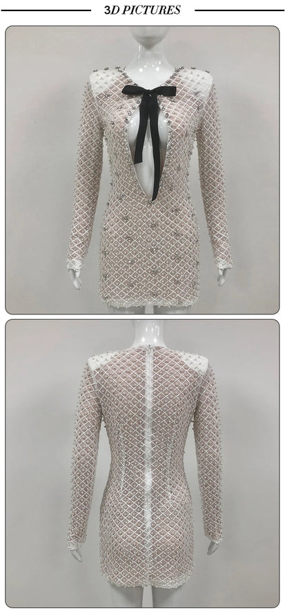 VC Pearl Sequins Hollow Out Short Dress For Women Sexy Long Sleeve Key Hole Bow Tie Diamond Beige Mini Evening Party Dress