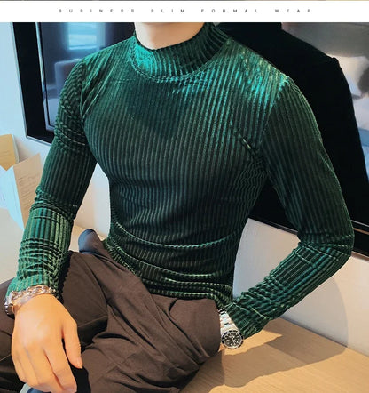 New Gold Velvet T Shirt Men Clothing Fashion Trend Male Luxury Prom Party Long-sleeved Striped Pullover Tops Homme - Kimlud