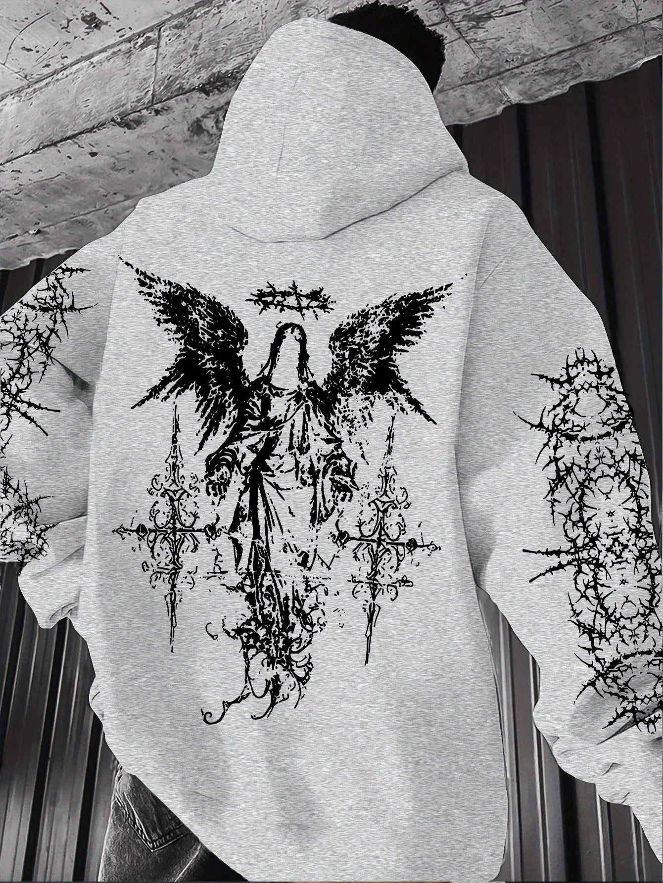 Men's Angel-themed graffiti thorn print streetwear hip-hop punk style hooded sweatshirt regular fit version sweatshirt hoodie