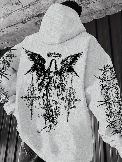 Men's Angel-themed graffiti thorn print streetwear hip-hop punk style hooded sweatshirt regular fit version sweatshirt hoodie