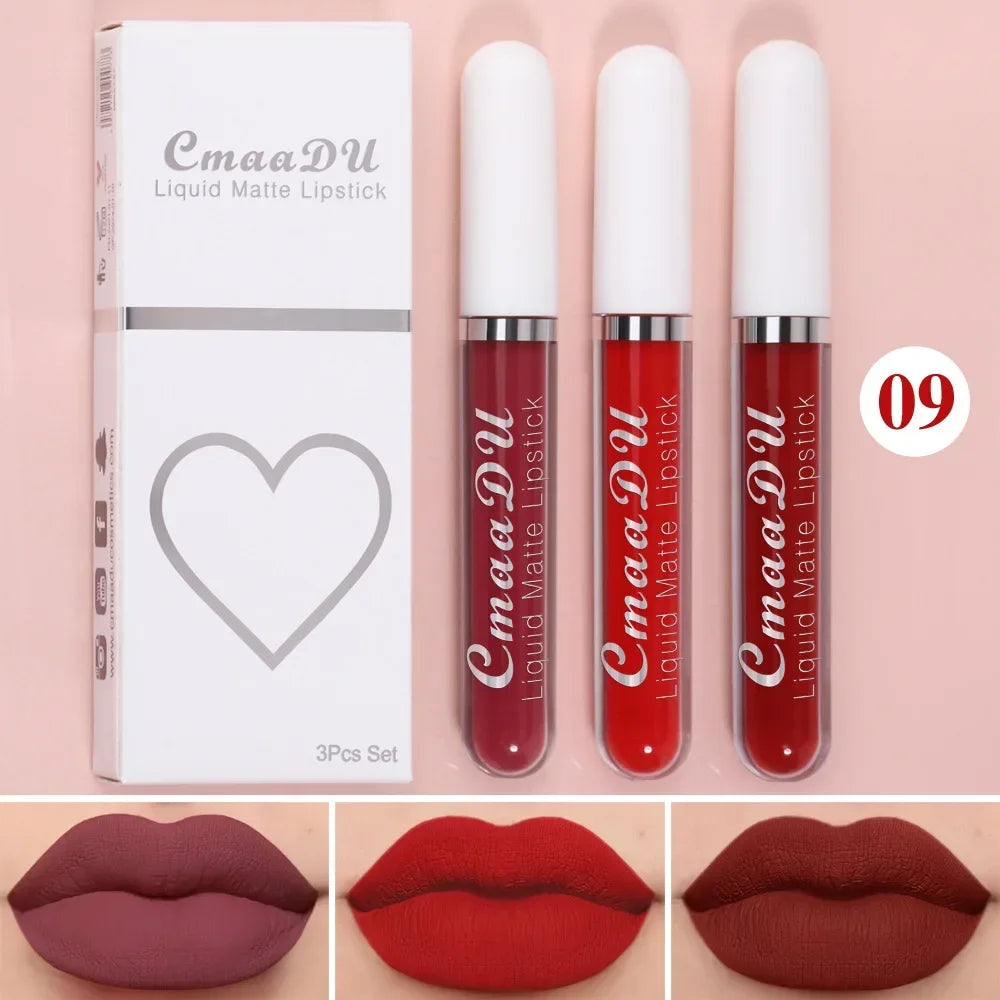 3Pcs/Set Waterproof Matte Nude Lip Gloss Brown Nude Pigment Dark Red Long Lasting Velvet Liquid Lipstick Women Makeup Lip Glaze