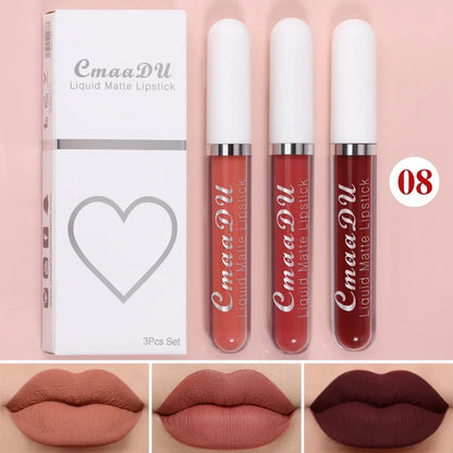 3Pcs/Set Waterproof Matte Nude Lip Gloss Brown Nude Pigment Dark Red Long Lasting Velvet Liquid Lipstick Women Makeup Lip Glaze