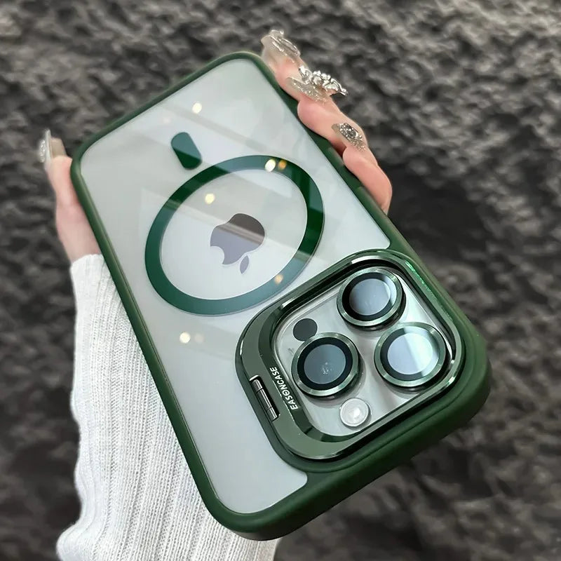 Luxury Magnetic Shockproof Phone Case For iPhone 15 14 13 12 11 16 17 Pro Max Plus 16E Funda Stand Glass Lens Protection Cover