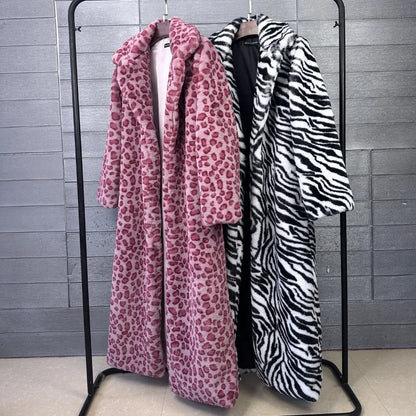 2026 Fashion Zebra Leopard Print Fur Coat Women's Winter Faux Rabbit Hair Fur X-long Overcoat Loose Jacket Streetwear...