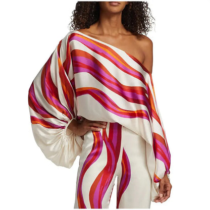 Women Satin Print Pajamas Suit Fashion Hollow Off Shoulder Tops with Long Pants 2 Piece Sets 2024 Homewear Commuting Outfits - Kimlud