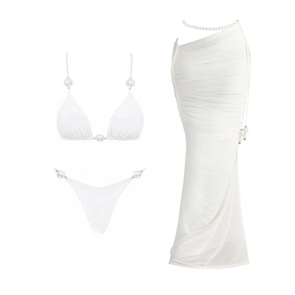 Pearl 3Pcs Bikini Set 2025 Bandeau Biquini Women Sexy Swimsuit Push Up Swimwear Female Mesh Skirt White Bathing Suit Beachwear - Kimlud
