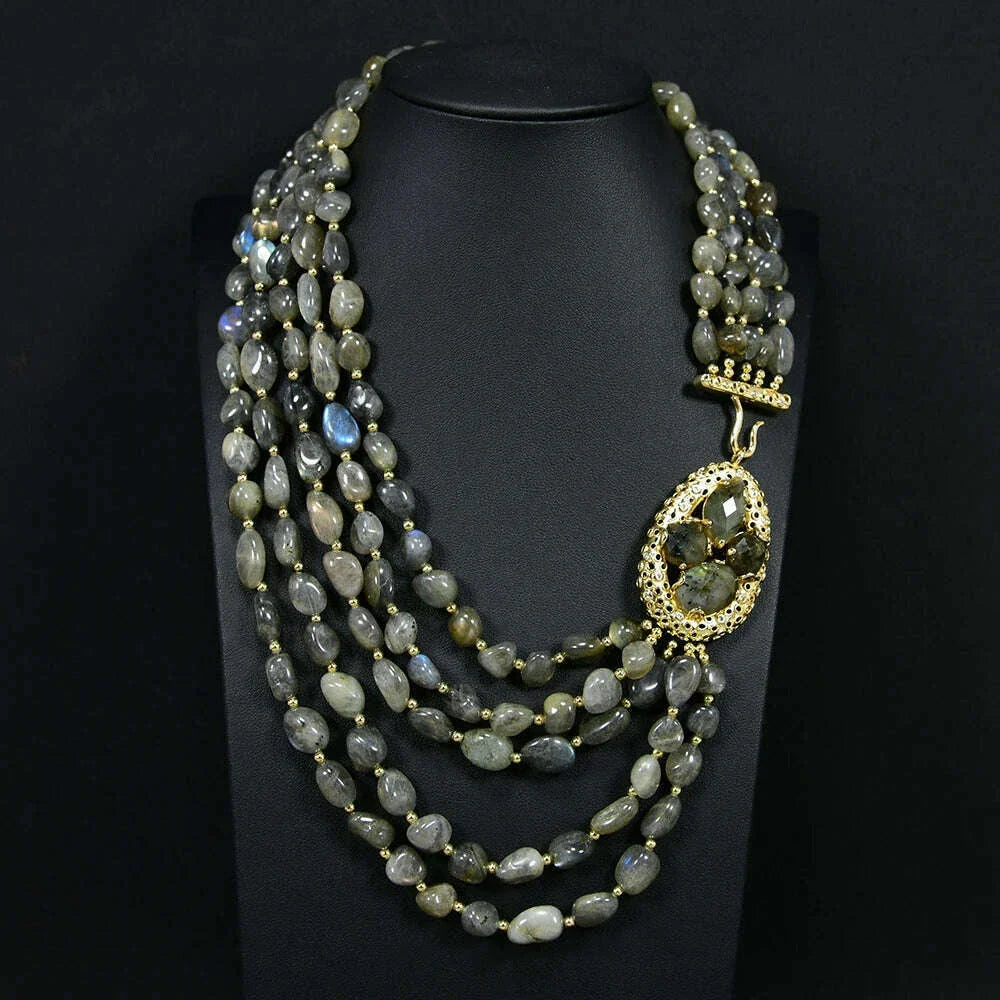 G-G 20" 5 Rows Natural Gray Labradorite Gems Stone Necklace Multi Strands Necklace Jewelry For Women