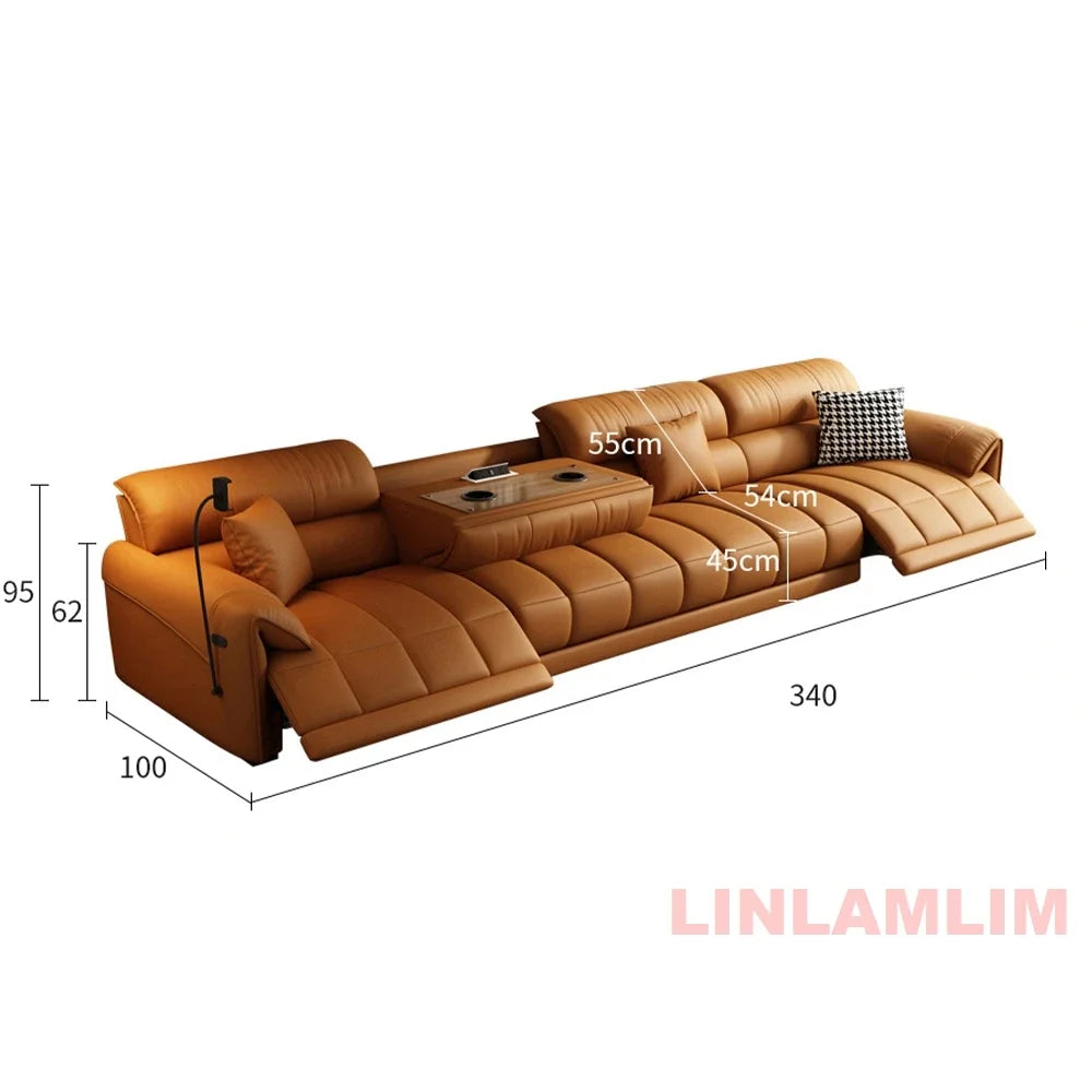 Modern Electric Reclining Sofa with Adjustable Footrest, USB, and Foldable Center Console – Italian Genuine Leather Power Sofa