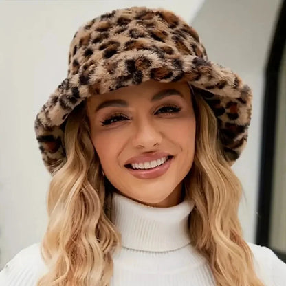Stylish Leopard Print Bucket Hat - Soft Polyester Fleece Fisherman Cap ightweight,  Sun Shade, Winter Fashion Accessory for Wome