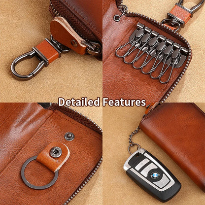 Men'S Key Holder with 2 Card Slots + 1 ID Key Clip + 6 Key Rings + 1 Car Key Chain, Genuine Leather Large Capacity Multi-Car