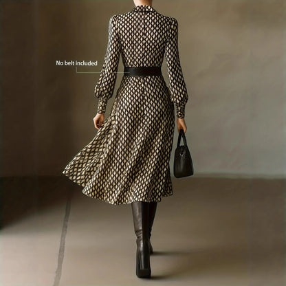 Women's Vintage Plaid Print Shirt Dress V-neck Bubble Long Sleeve High Waist Slim A- line Skirt Elegant Midi Dress Autumn Fashio