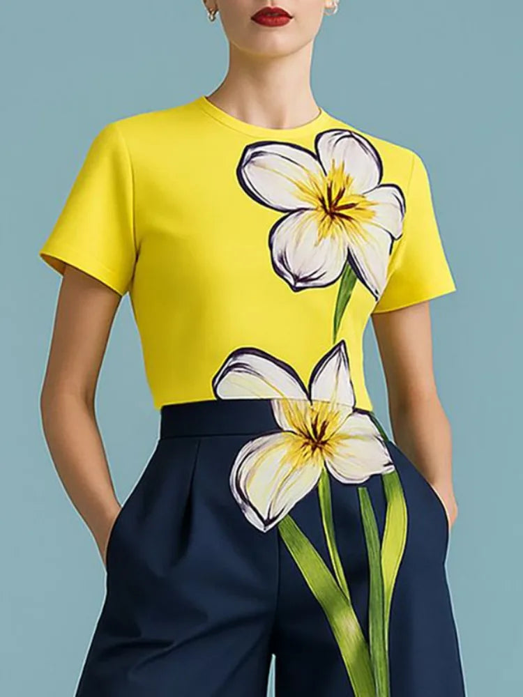 UOOZEE Women Casual Two Piece Sets Floral Printed Short Sleeves Yellow T-shirts & Elastic High Waist Wide Leg Loose Pants Suits - Kimlud