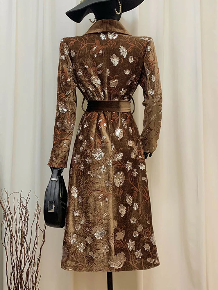 YERMORA Brown Sequins Embroidery Belt Elegant Trench For Women Lapel Long Sleeve Loose New Windbreaker Fashion Autumn Winter