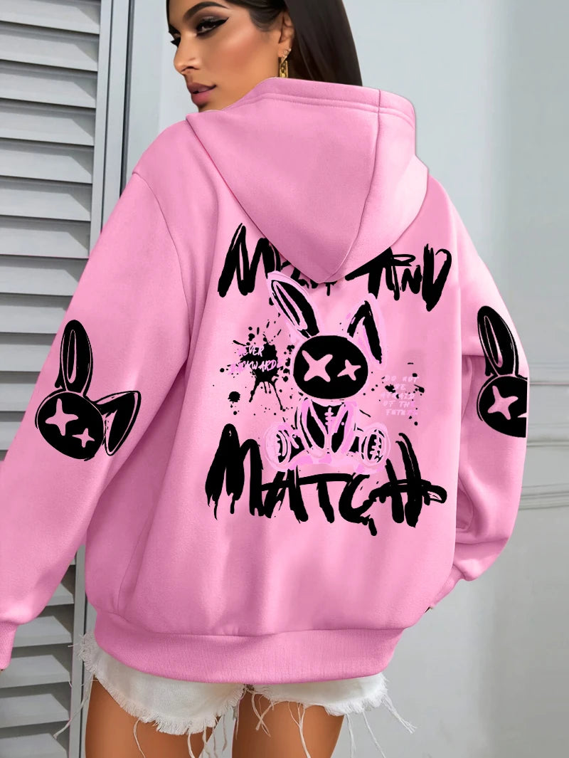 Mix And Match Cartoon Rabbit Prints Women Hoodie Pocket Streetwear Harajuku Loose Hoody All-Match Fleece Female Clothing