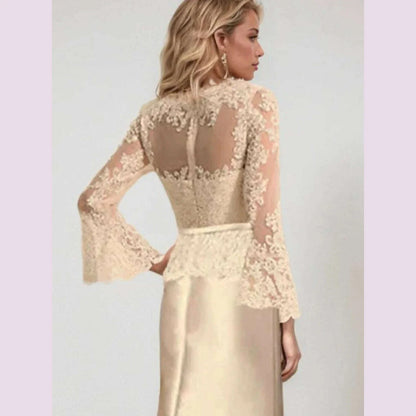 Elegant Sheath Wedding Guest Dress Scoop Neck Long Sleeve Satin Lace Beading Applique Sweep Train Prom Gown 2025 Free Customized