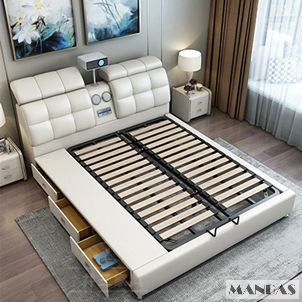 Linlamlim Ultimate Tech Smart Bed - Multifunctional Bedframe with Genuine Leather and Bluetooth Speaker, Drawers,...