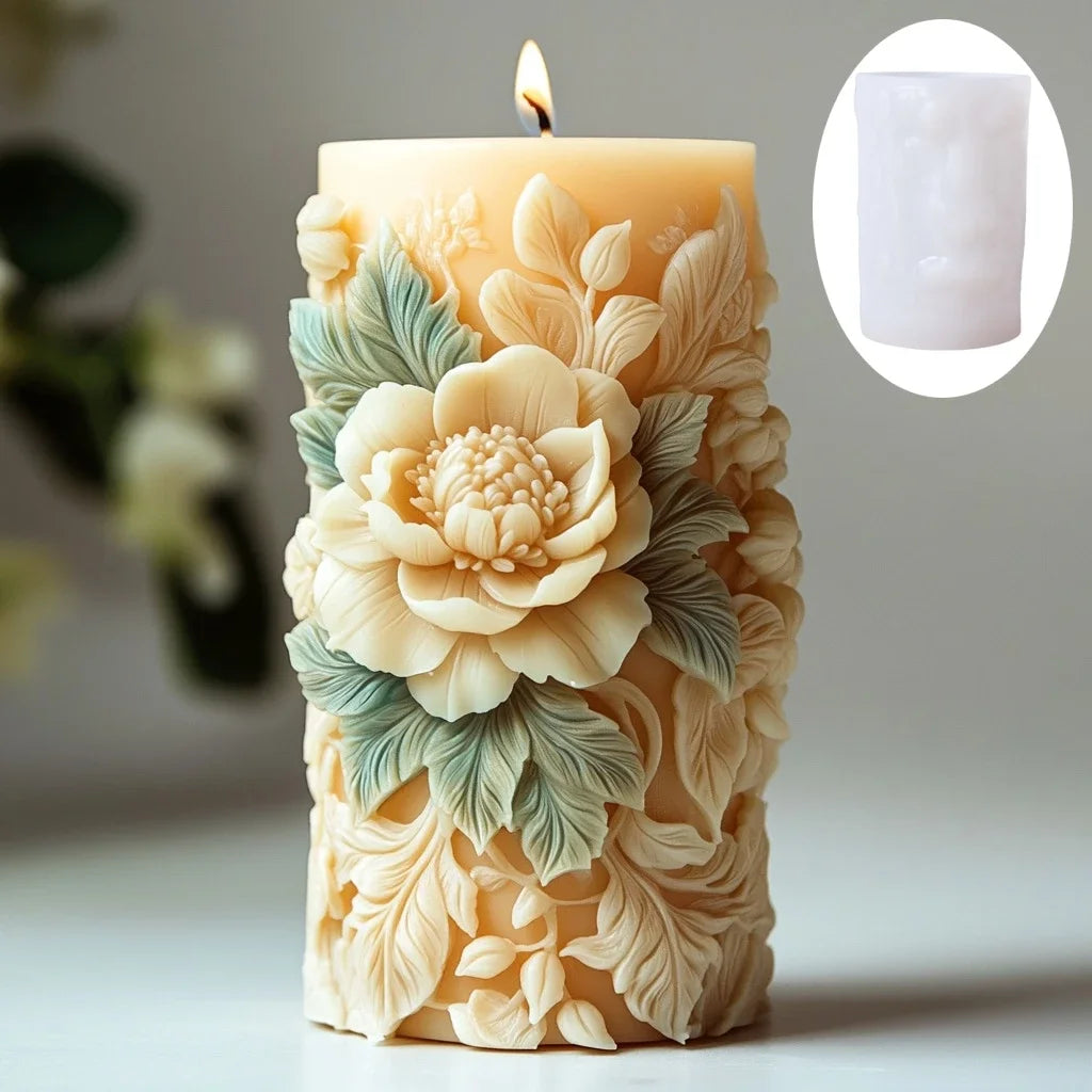 2025 3D Blooming Lily flower relief cylindrical candle silicone mold flower cylinder resin mould Blooming peony gypsum molds