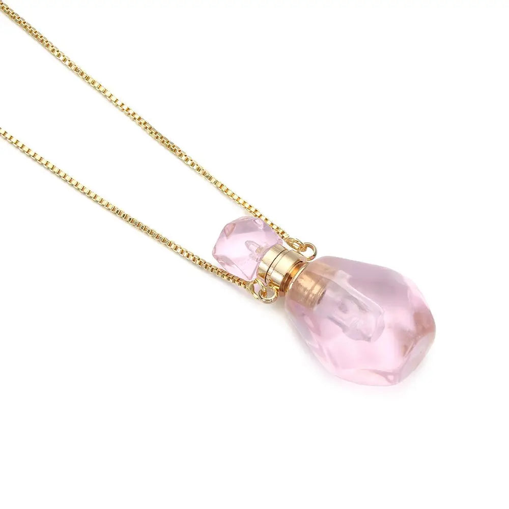 Women Natural Stone Pendant Necklace Wishing Bottle Crystal Perfume Essential Oil Diffuser Vial Jewelry  Rose Quartzs Amethysts