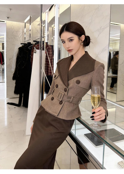 Women Elegant Brown Midi Dress Fake 2-Piece Wide Lapel High Waist Slim Pencil Robe Office Lady Business Formal Occasion...