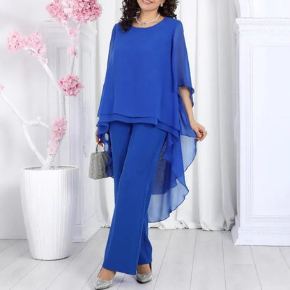 Elegant 2 Pieces Sets Woman's Chiffon Solid Mid-Sleeve Layered ruffled edges Long Top & Straight-leg Trousers Pants Sets Outfits