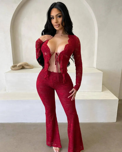2026 Women's Set Long Sleeve Lace See Through Shirt + Long Pants Street Evening Sexy Two 2Piece Sets Outfits Tracksuit |...