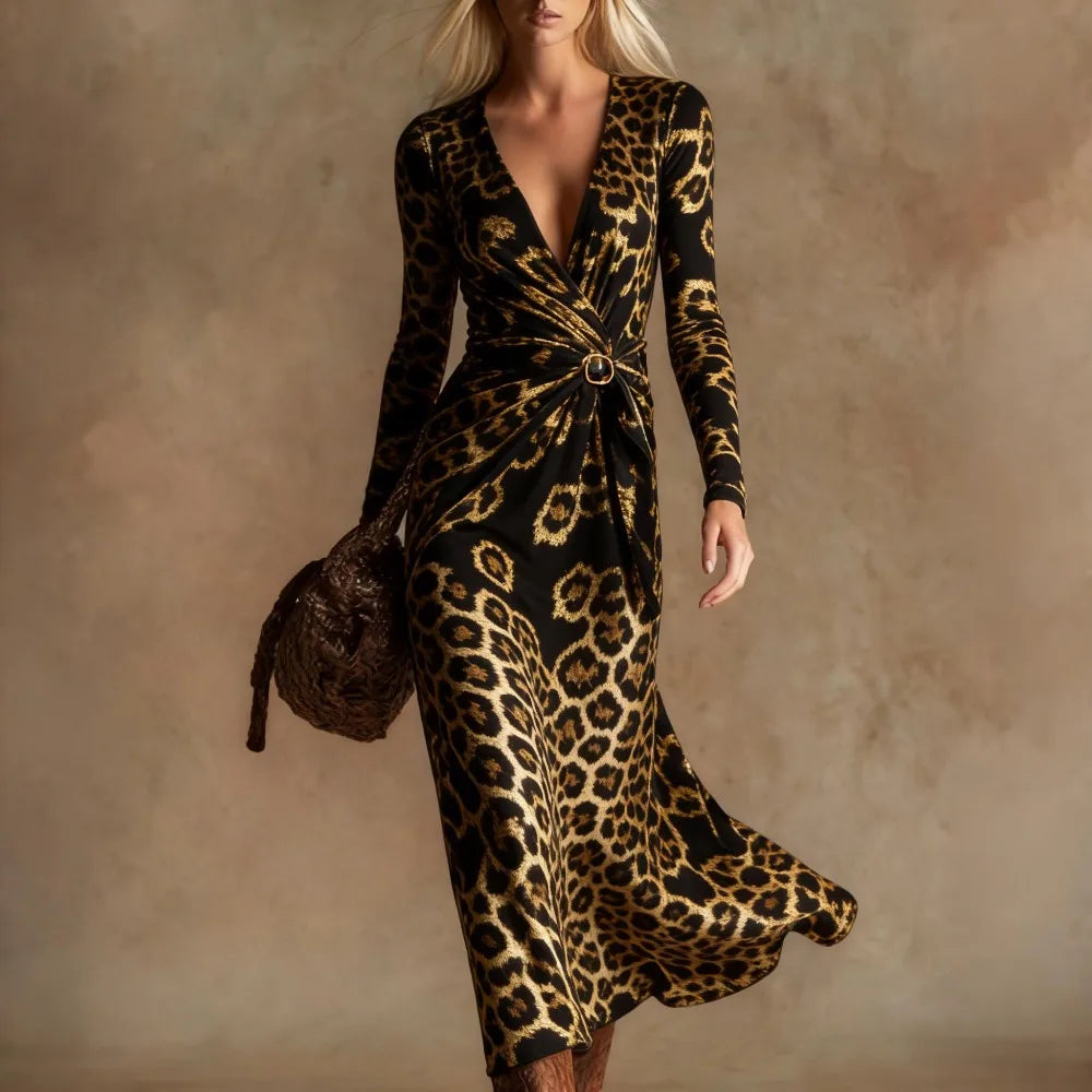 Sexy Leopard Print Velvet Maxi Dress Women Long Sleeve V Neck Twist Front Elegant Cocktail Party Dress Vacation Evening Dress