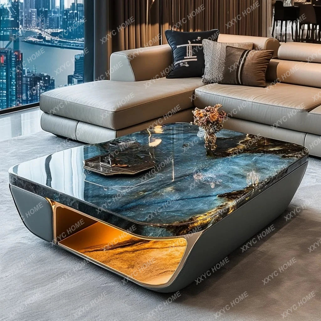 Luminous blue jadeite luxury stone coffee table elegant modern living room advanced design jade minimalist marble villa home - Kimlud