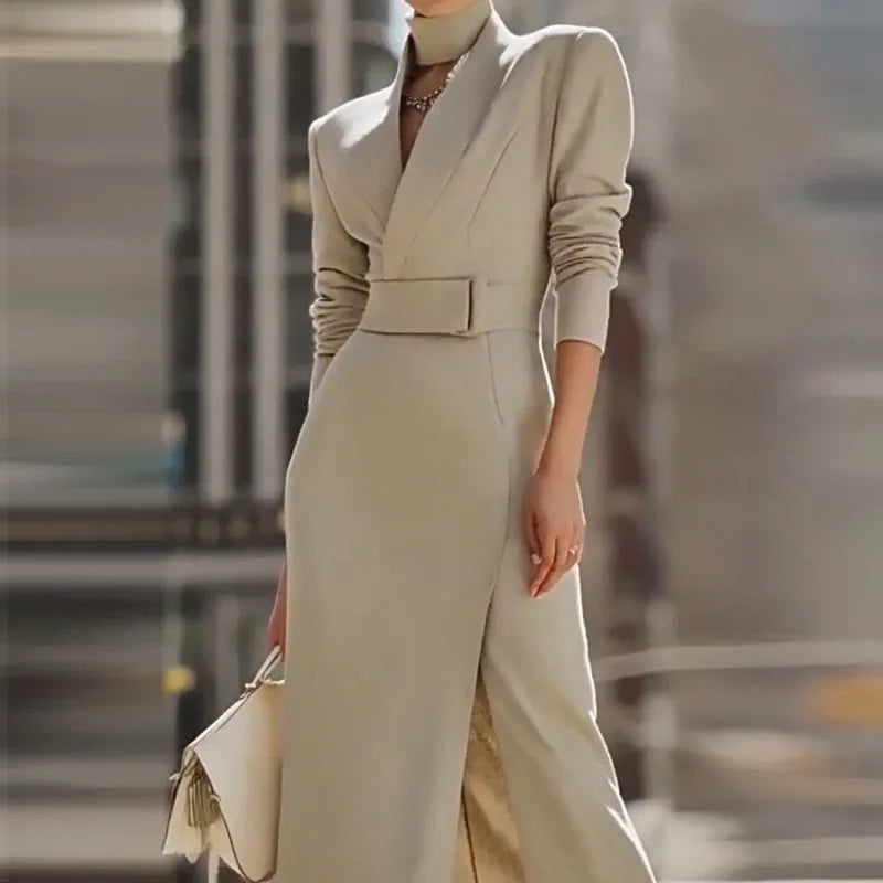 Elegant Solid Slim Belt V Neck Hip Dress Woman Autumn Winter Long Sleeve Split Office Dresses Sexy Boho High Waist...