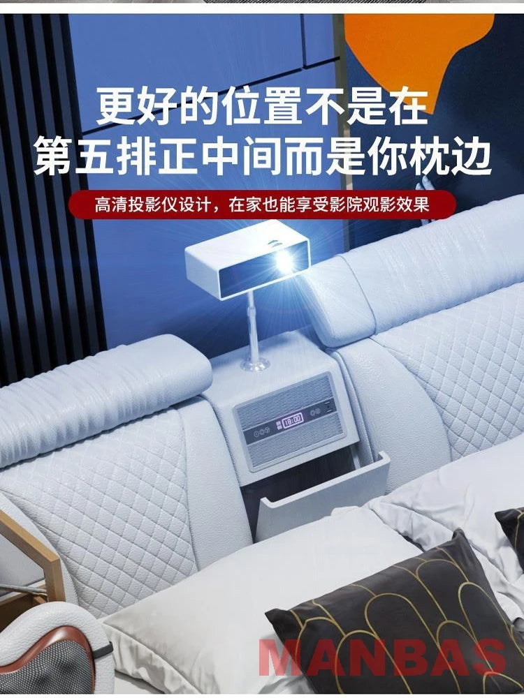 Modern Tech Smart Bed, King/Queen Size Genuine Leather Bed with Projector,USB, Speaker, Luxury Multifunction Bed, All In...