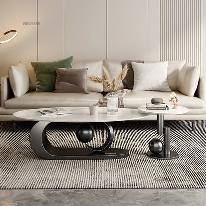 Italian Rock Plate Coffee Tables Living Room Luxury Oval Side Table Creative Wrought Iron Center Table Set Nordic Home...