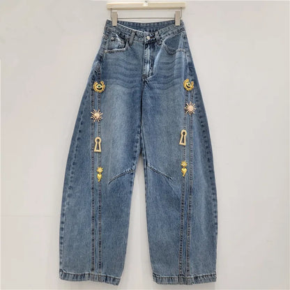 2026 Spring New Metal Buckle Decorated Mid-Waist Wide-Leg Jeans Women Washed Scimitar Pants Casual Versatile Long Pants Female - Kimlud