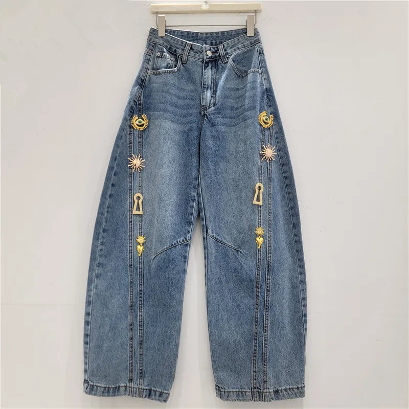 2026 Spring New Metal Buckle Decorated Mid-Waist Wide-Leg Jeans Women Washed Scimitar Pants Casual Versatile Long Pants Female - Kimlud