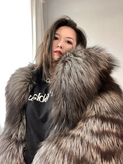 Real Natural Silver Fox Fur Coat Highend Quality Hood Genuine Women Winter Luxury Female Jacket Long Sleeve