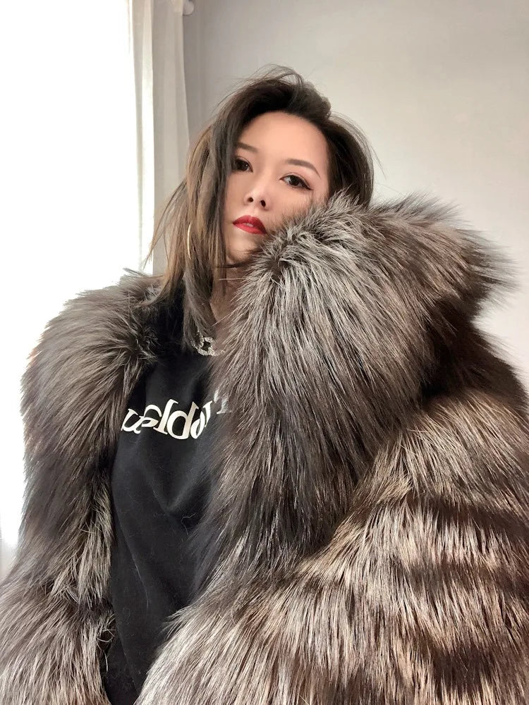 Real Natural Silver Fox Fur Coat Highend Quality Hood Genuine Women Winter Luxury Female Jacket Long Sleeve